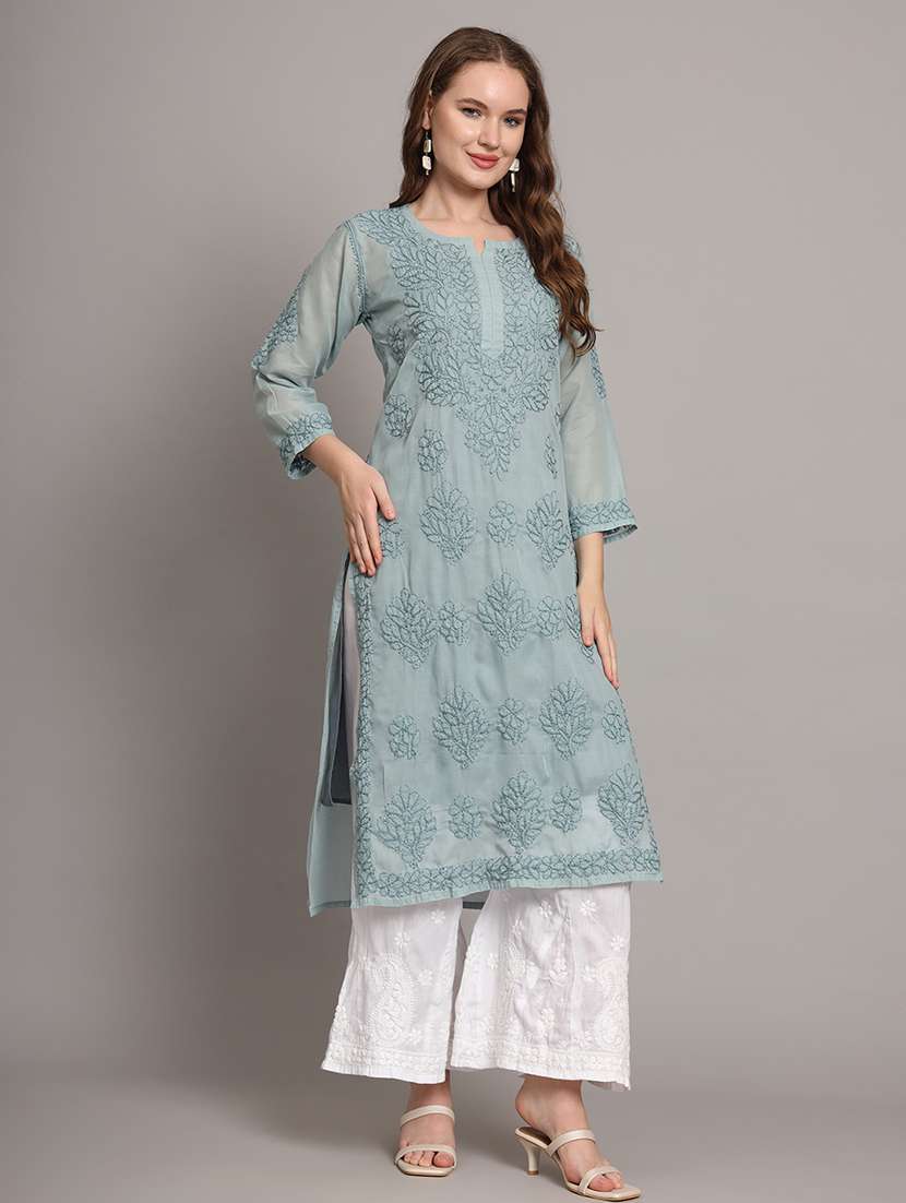 women chikankari three quarter sleeve straight kurta - 21650892 -  Standard Image - 2