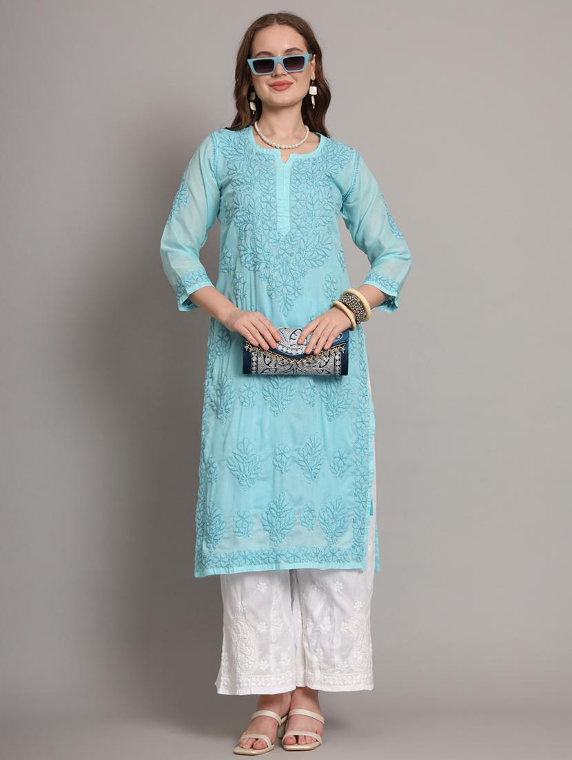 women chikankari three quarter sleeve straight kurta - 21650895 - Standard Image - 2