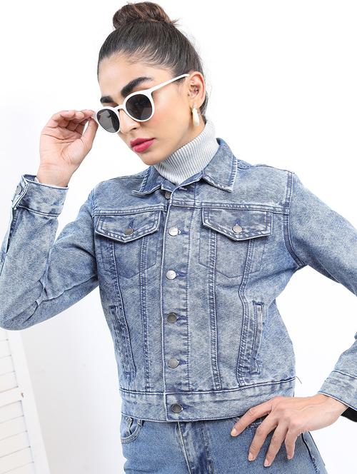 women long sleeves solid denim jacket - 21650993 - Standard Image - 0