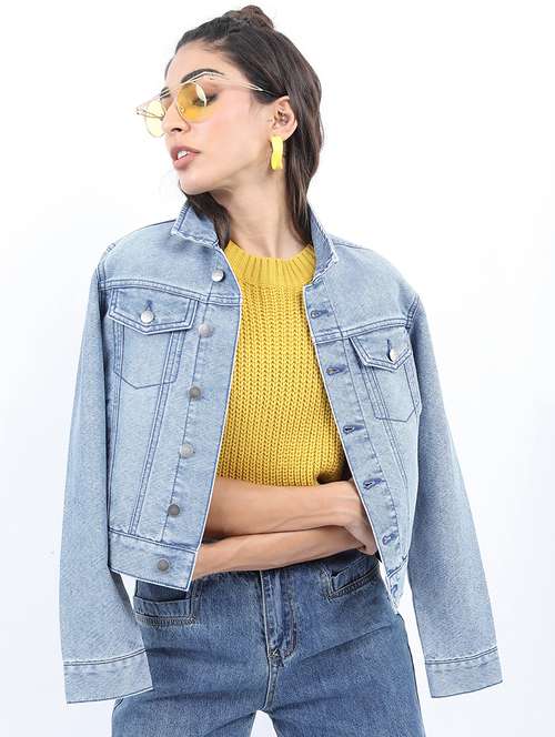 women long sleeves solid denim jacket - 21650995 - Standard Image - 0