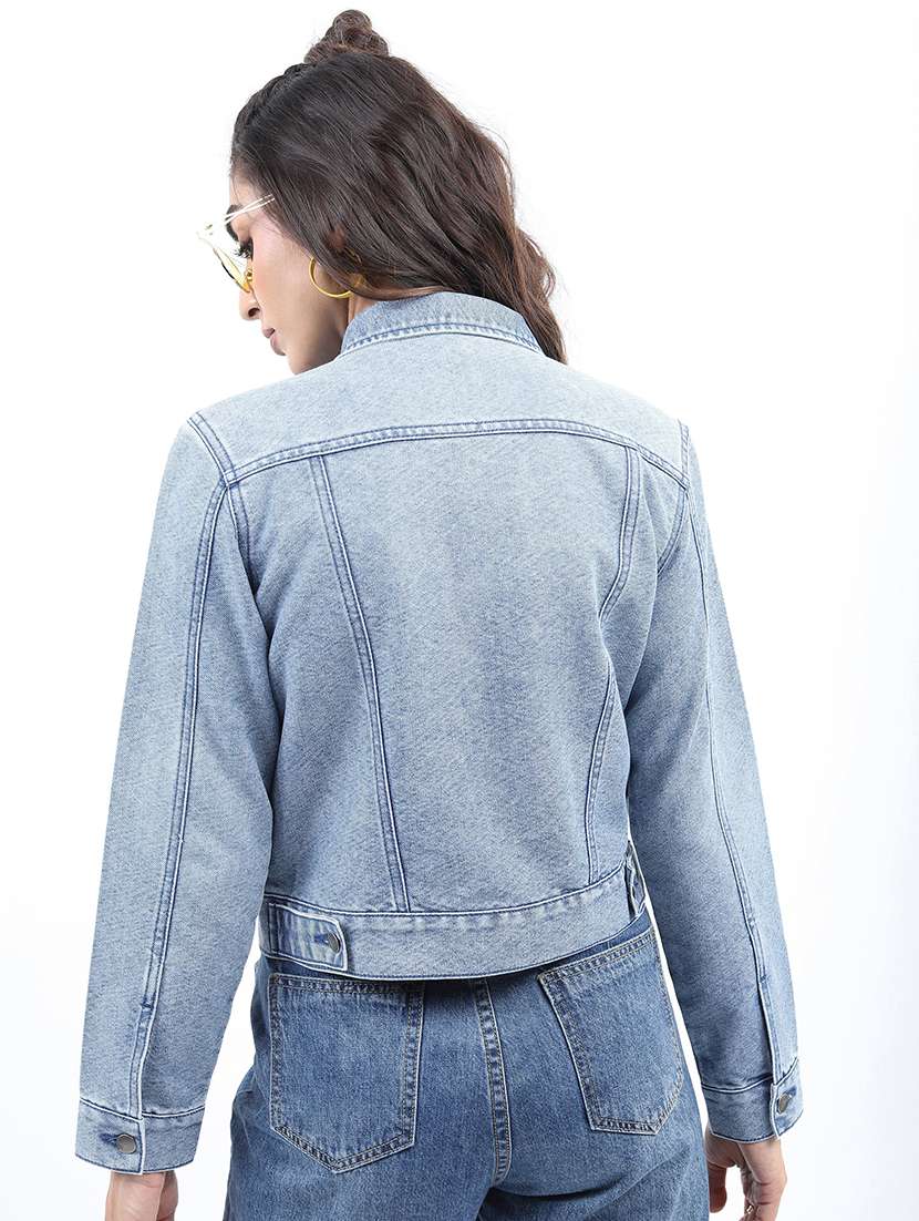 women long sleeves solid denim jacket - 21650995 - Standard Image - 2