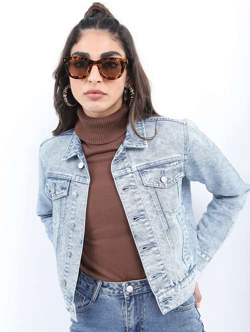 women long sleeves solid denim jacket - 21650996 - Standard Image - 0