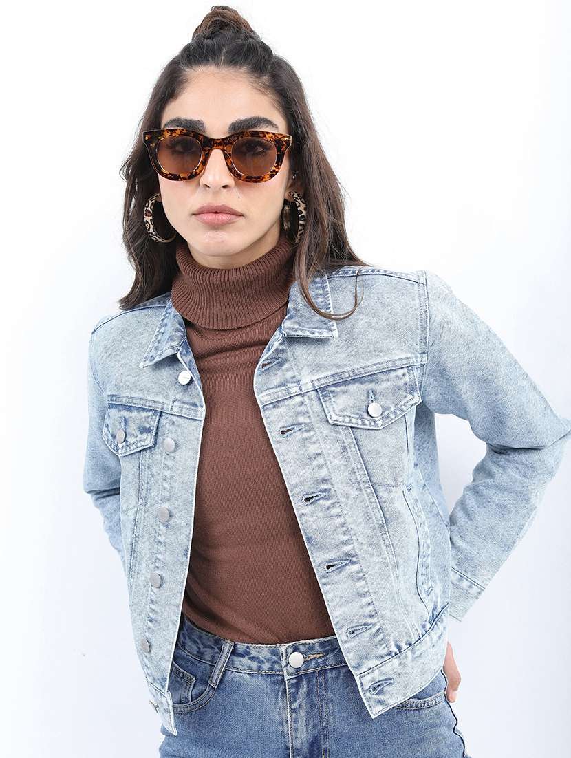 women long sleeves solid denim jacket - 21650996 - Zoom Image - 0