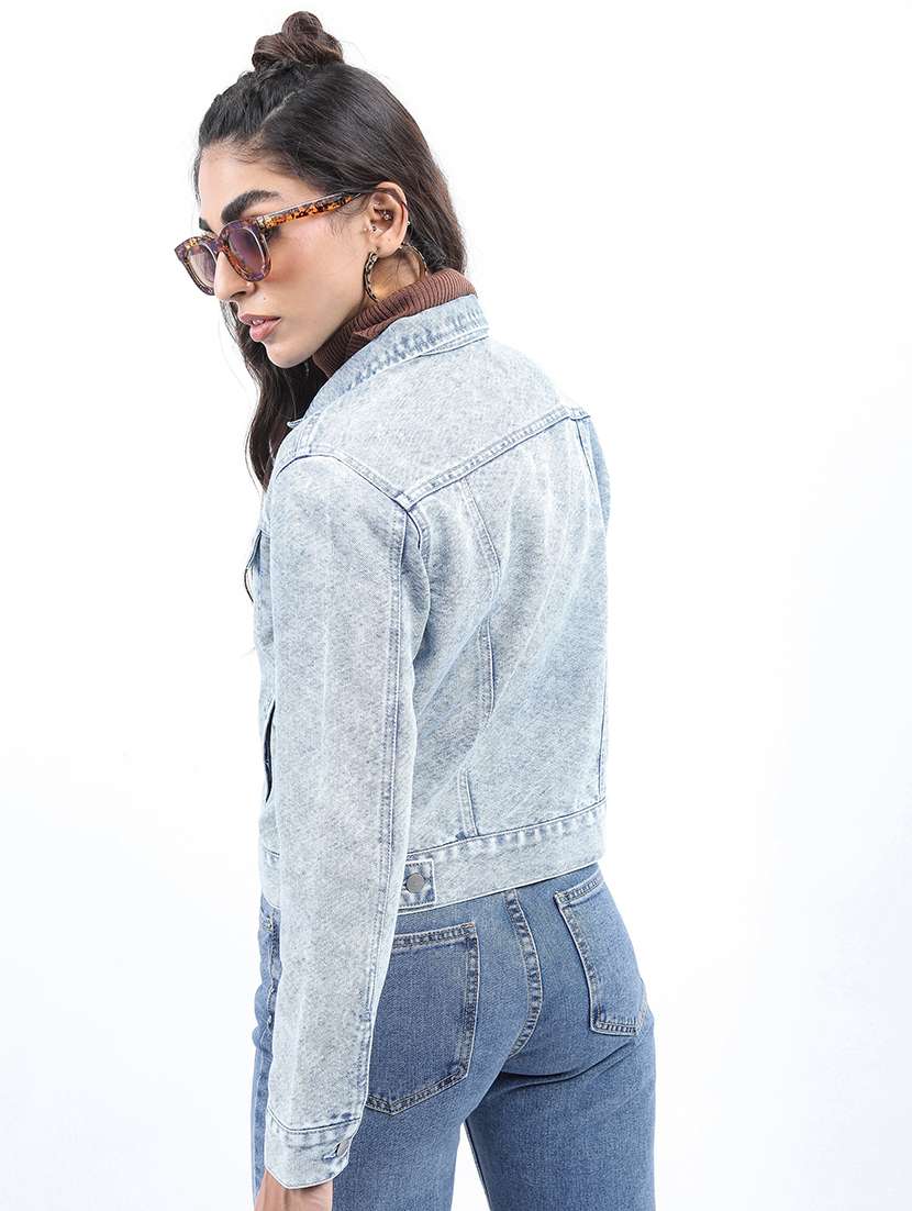 women long sleeves solid denim jacket - 21650996 - Standard Image - 2