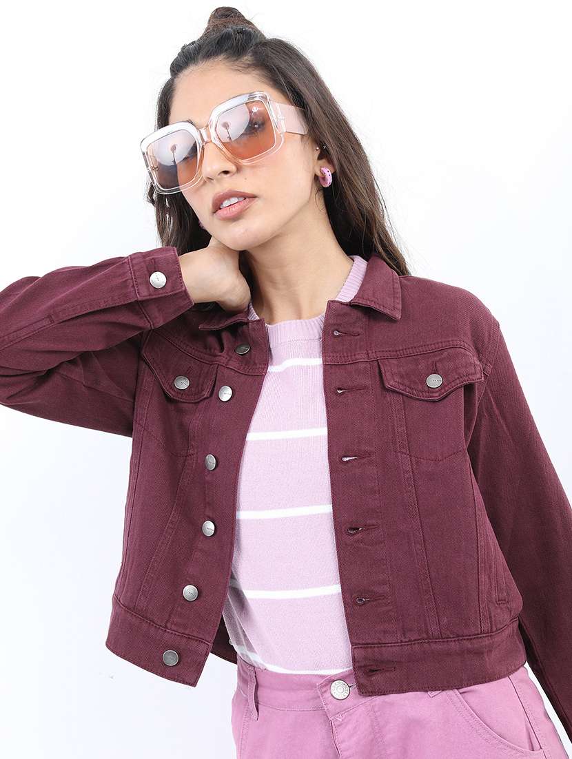 women long sleeves solid denim jacket