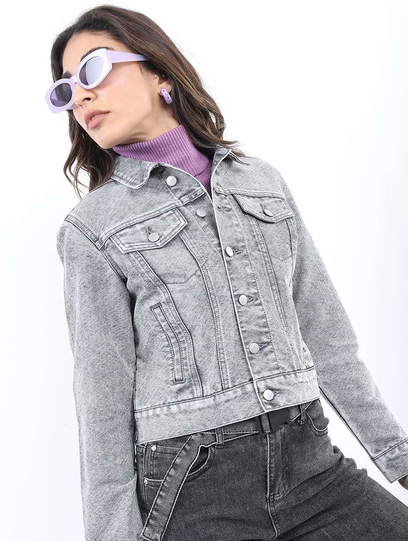 women long sleeves solid denim jacket