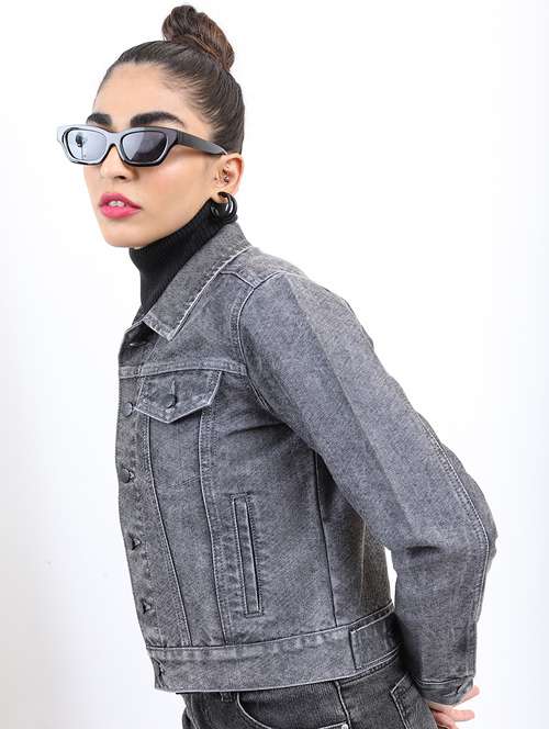 women long sleeves solid denim jacket - 21651003 - Standard Image - 0