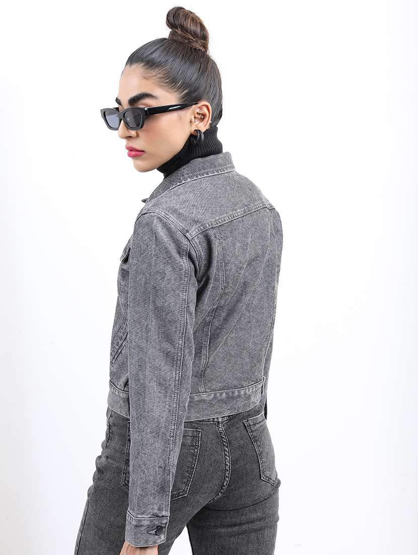 women long sleeves solid denim jacket - 21651003 - Standard Image - 2