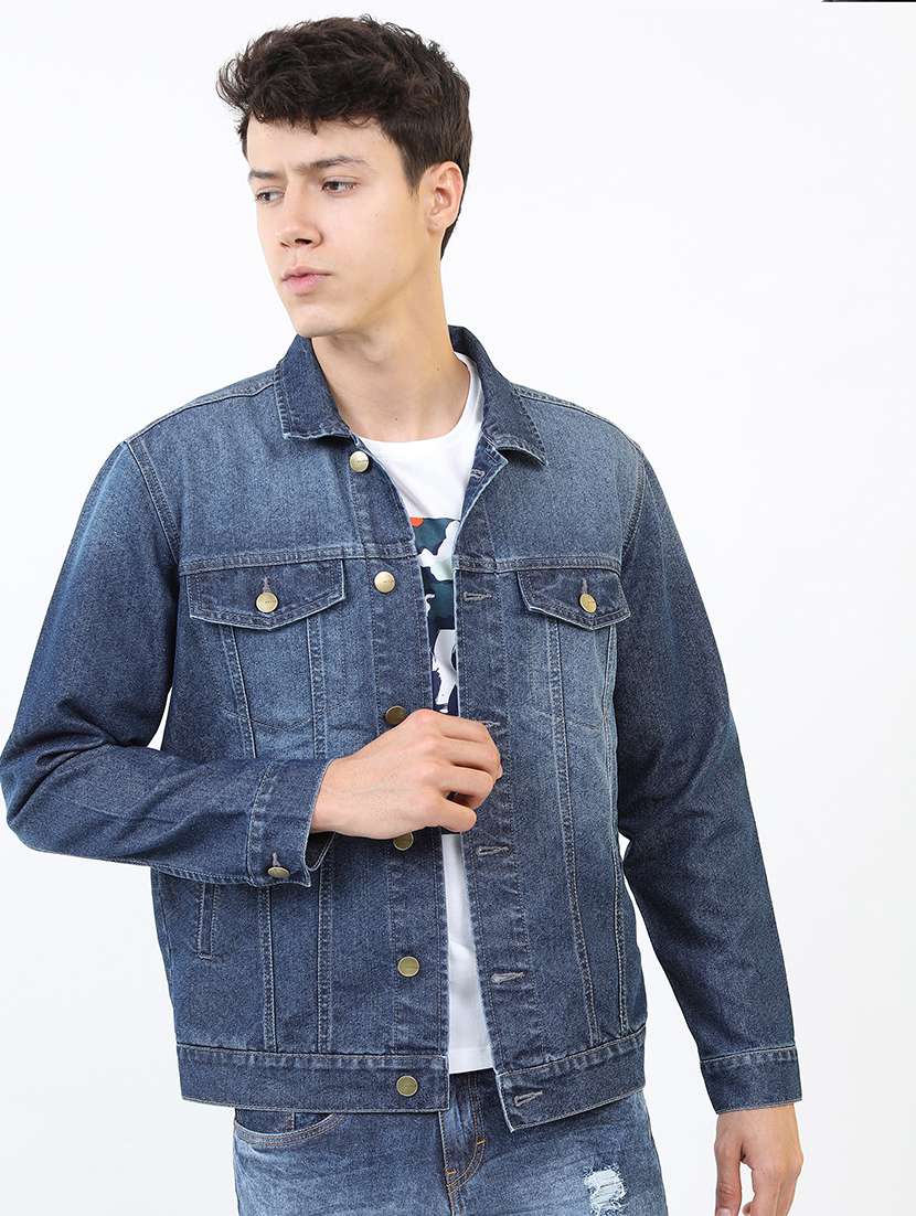 men solid long sleeve denim jacket