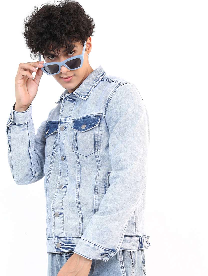 men solid long sleeve denim jacket