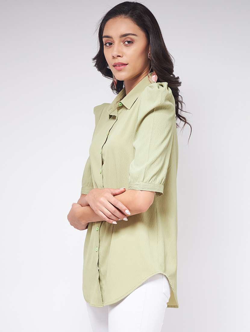 women solid puff sleeves shirt style top - 21651100 - Standard Image - 2