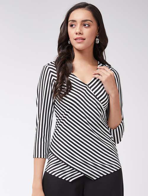 women striped overlap neck asymmetric top - 21651126 - Standard Image - 0