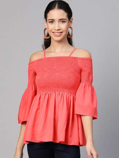 women solid smocked detailed off shoulder top - 21651130 - Standard Image - 0