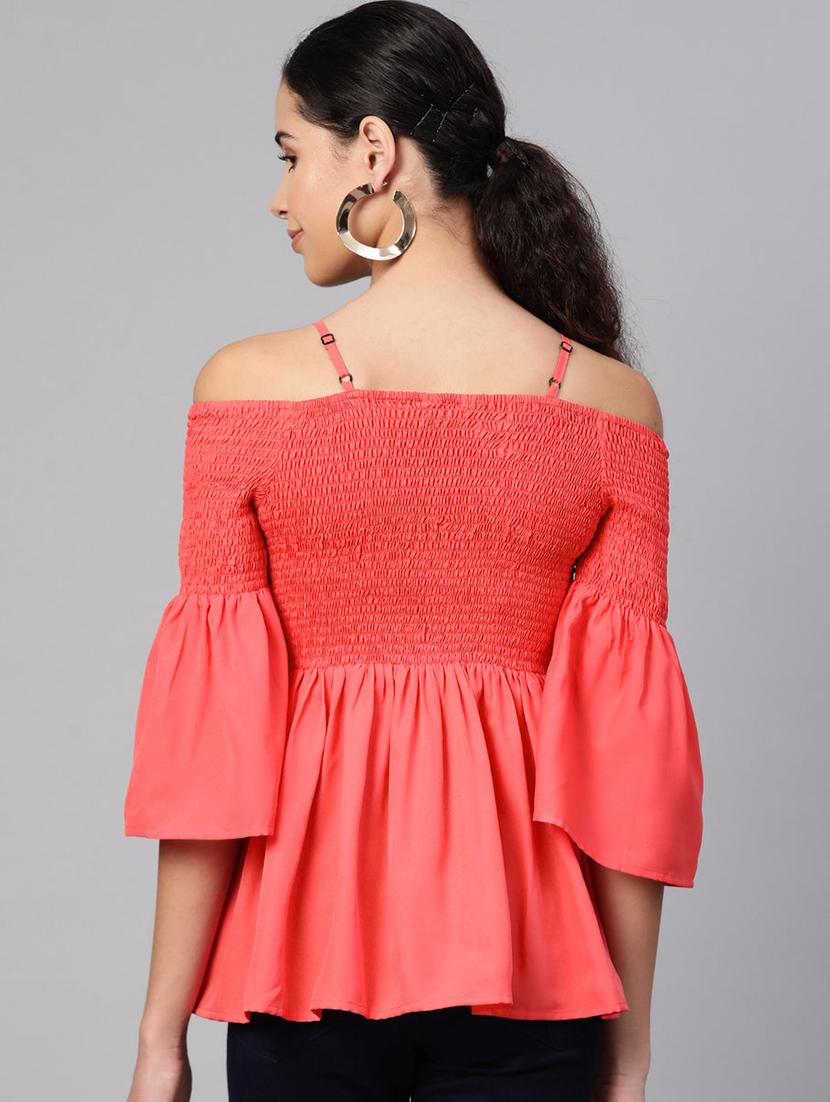 women solid smocked detailed off shoulder top - 21651130 - Standard Image - 2