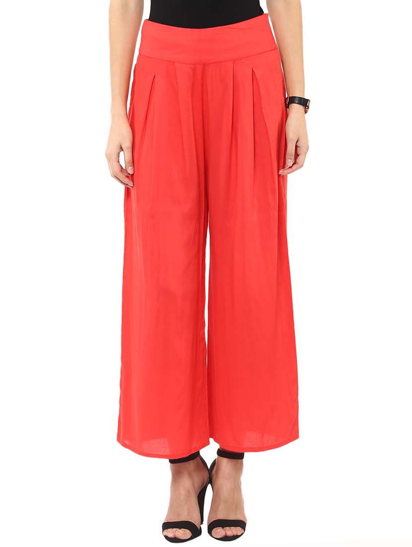women solid mid rise wide leg trouser