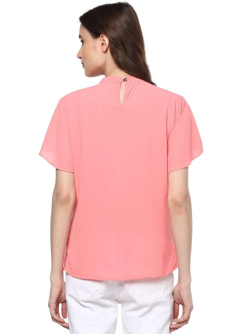 women solid short sleeves chocker neck top - 21651239 - Standard Image - 2