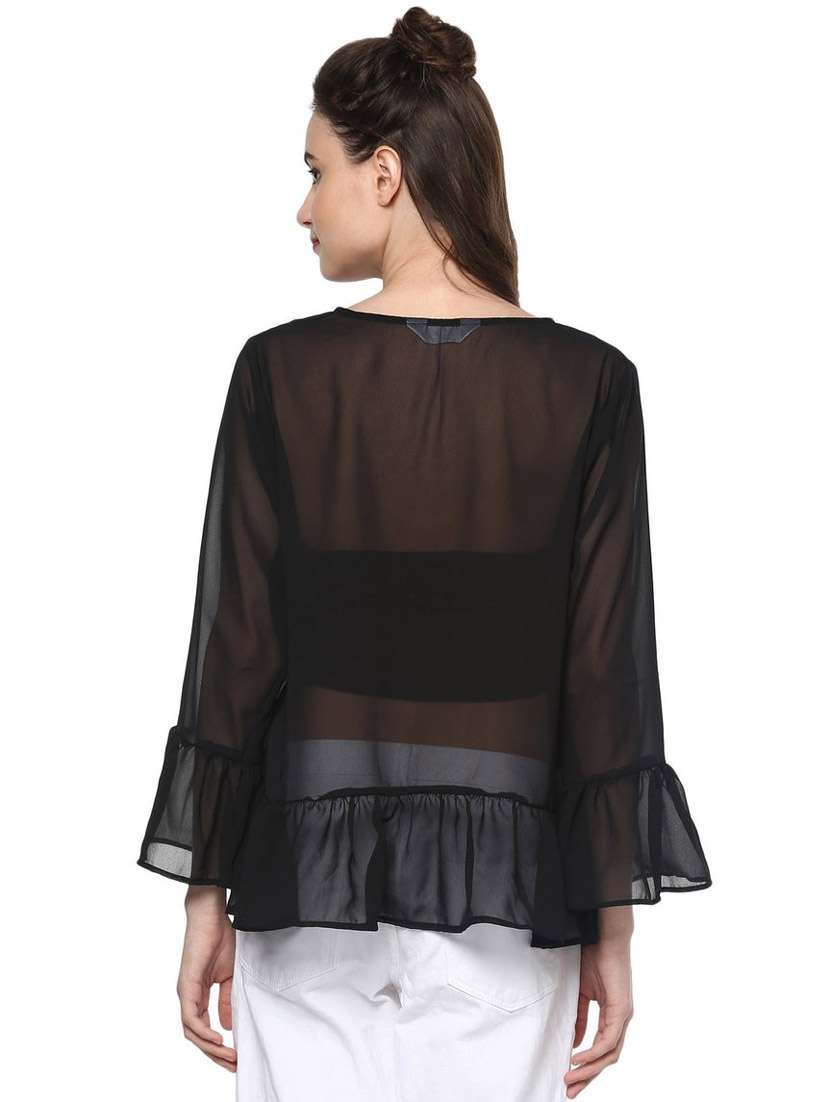 women printed tie up neck tiered sheer top - 21651244 - Standard Image - 2