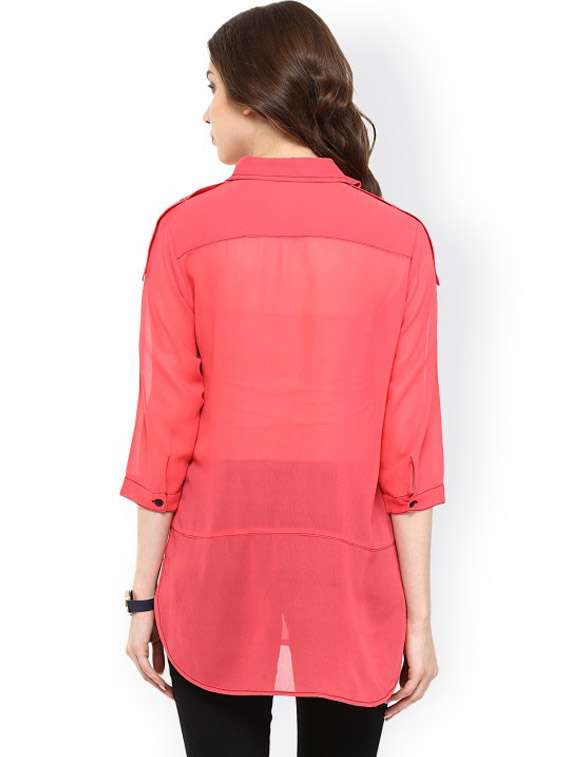women pink solid three quarter sleeves shirt top - 21651264 - Standard Image - 2