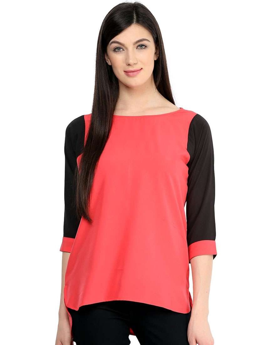 women color blocked round neck high low top