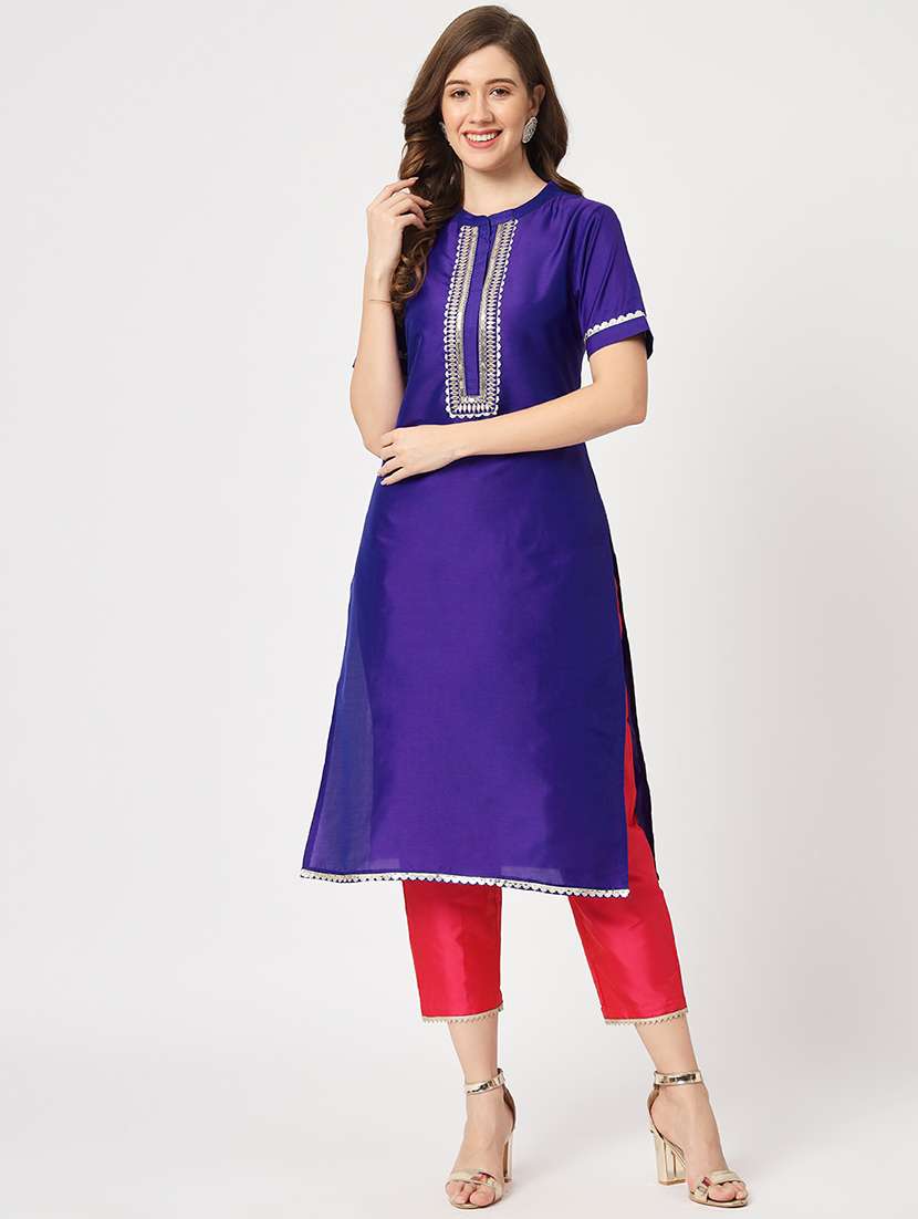 women solid with work kurta pant set