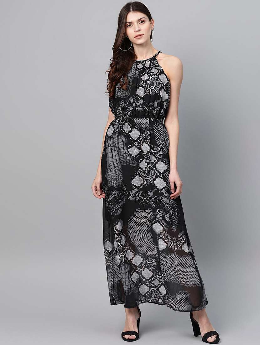 women printed halter neck a-line dress