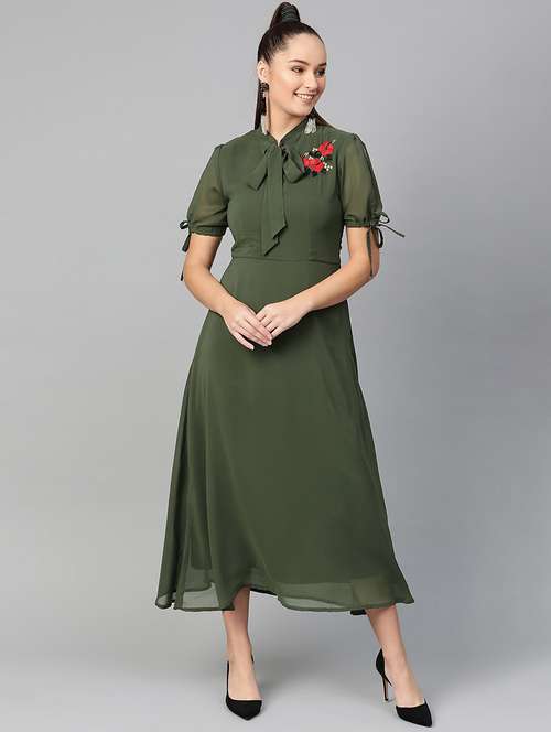 women embroidered tie up neck fit & flare dress - 21651507 - Standard Image - 0