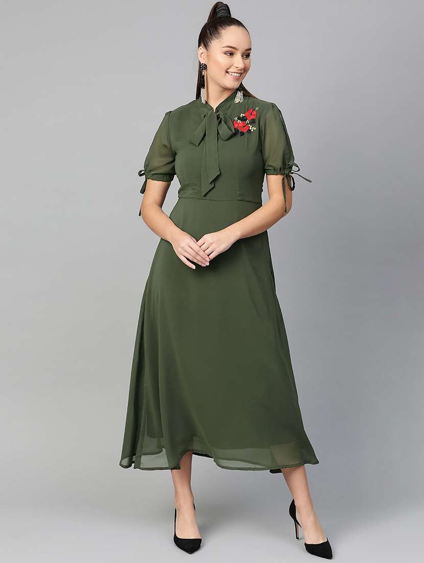 women embroidered tie up neck fit & flare dress - 21651507 - Zoom Image - 0