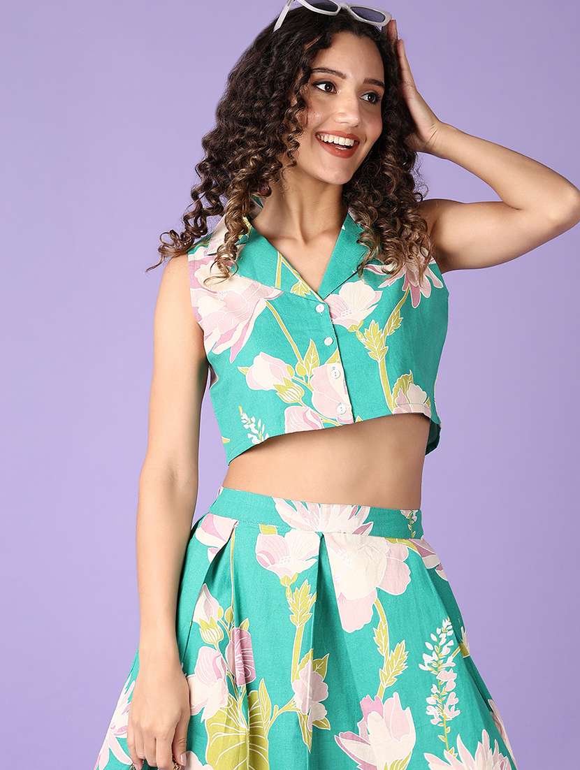 women sea green floral printed sleeveless top 