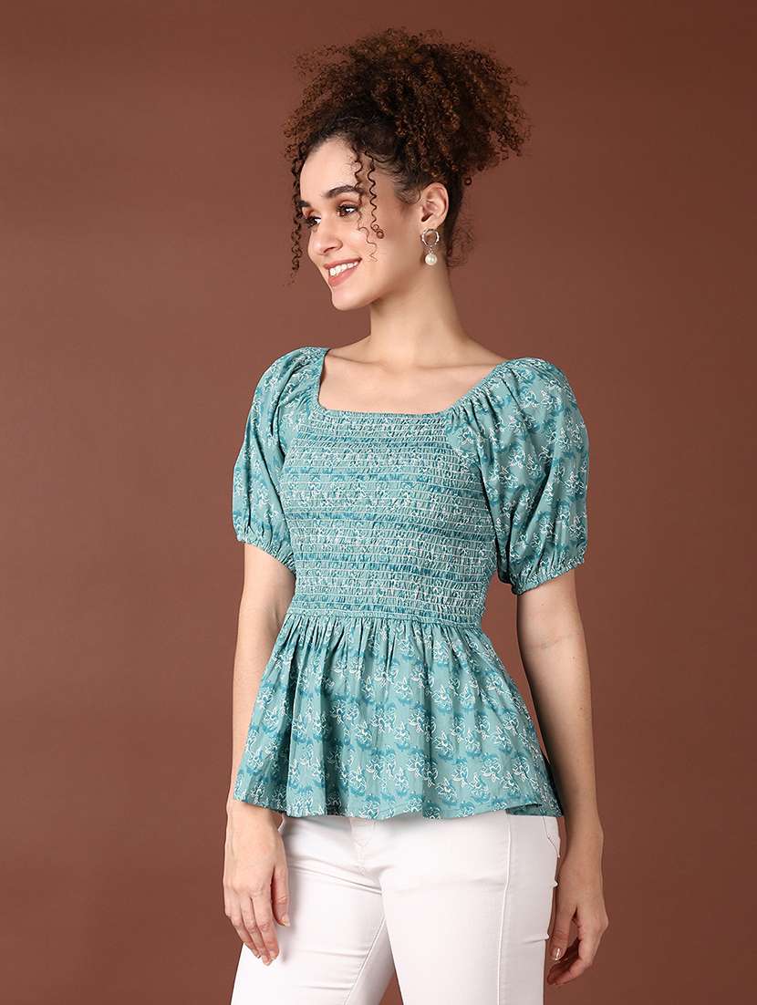 women puff sleeves printed peplum top - 21651547 -  Standard Image - 2