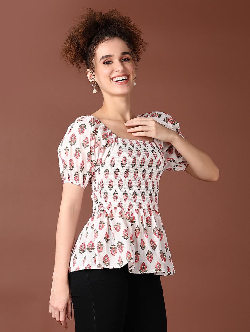 women puff sleeves printed peplum top - 21651548 - Standard Image - 2