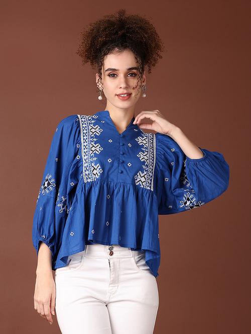 women mandarin neck embroidered peplum top - 21651551 - Standard Image - 0