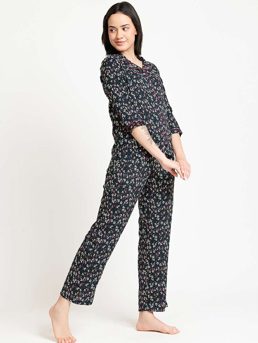 women floral print cuban collar nightwear set - 21651890 -  Standard Image - 2