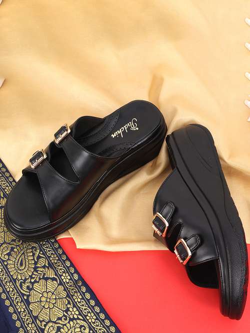 Women Black Slip On Wedge