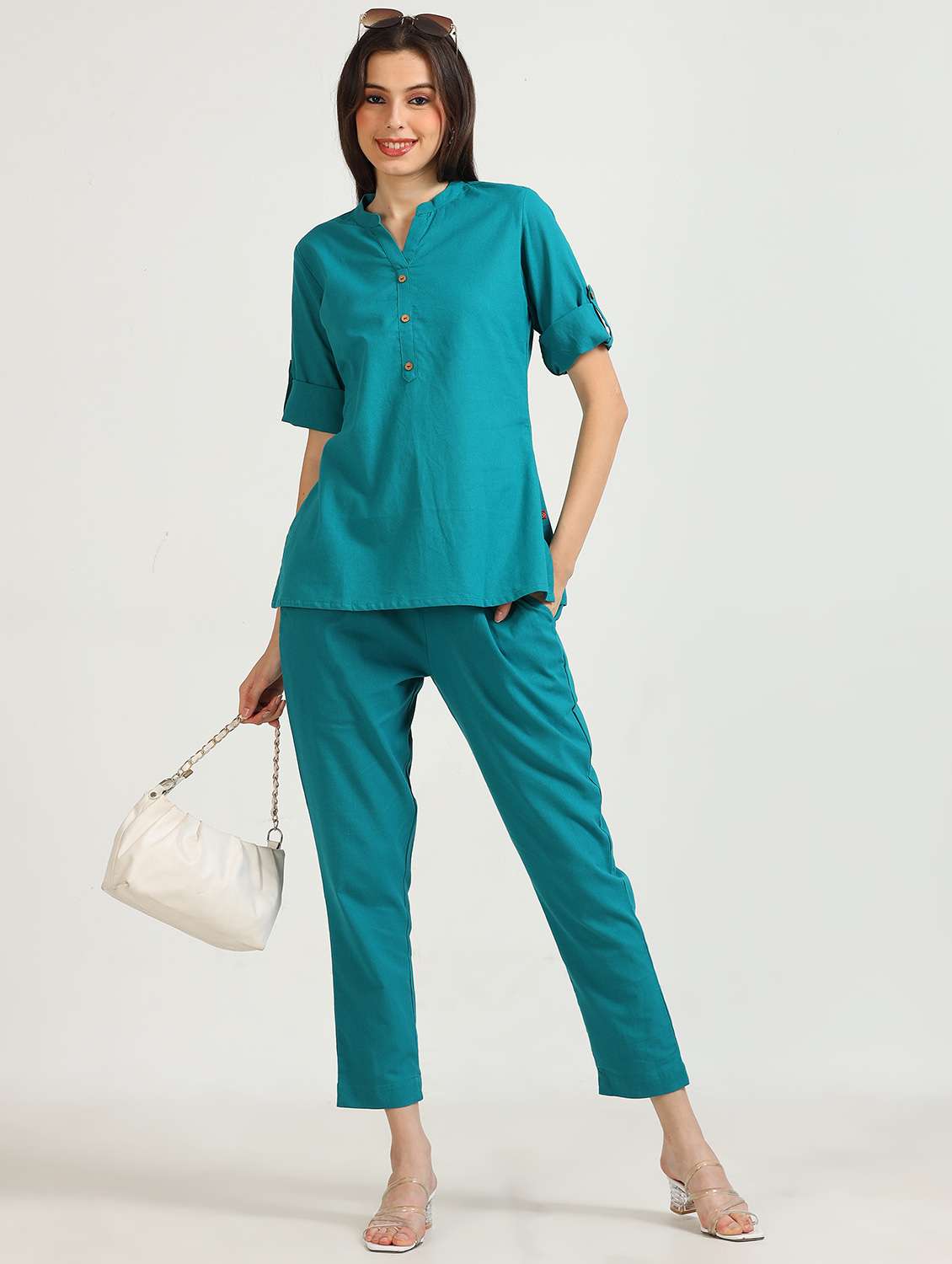 women teal solid mandarin neck co-ord sets