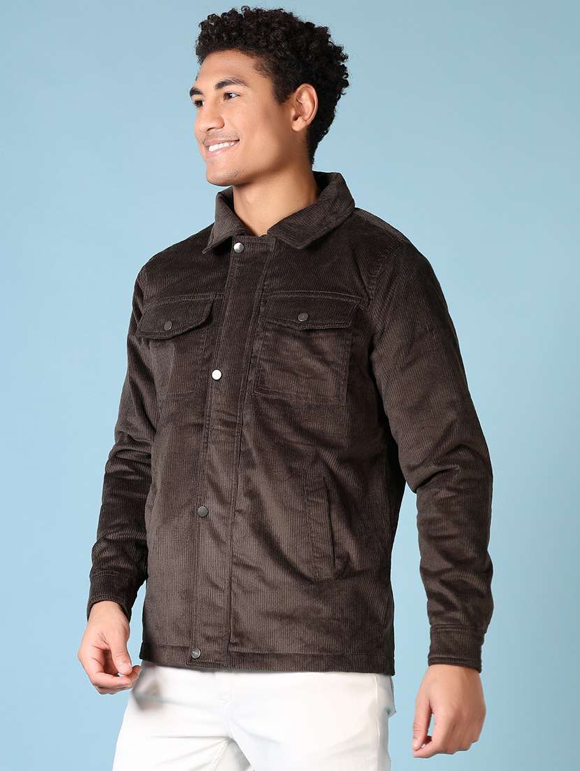 men coffee brown solid long sleeve shacket - 21652737 -  Standard Image - 2
