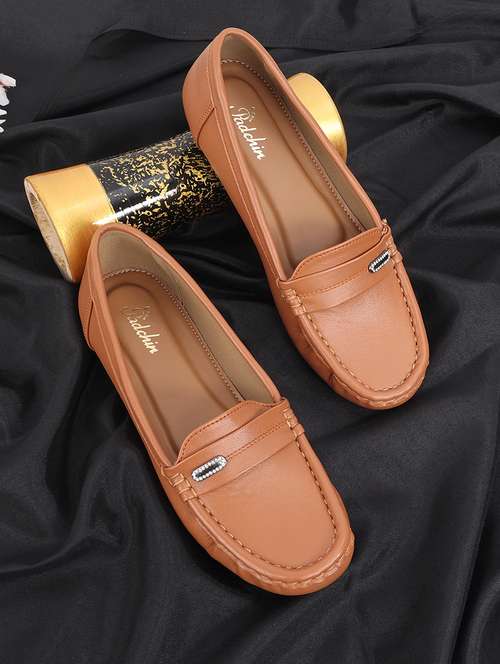women tan slip on loafer