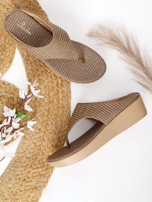 women beige textured t-strap wedge - 21652923 -  Standard Image - 0