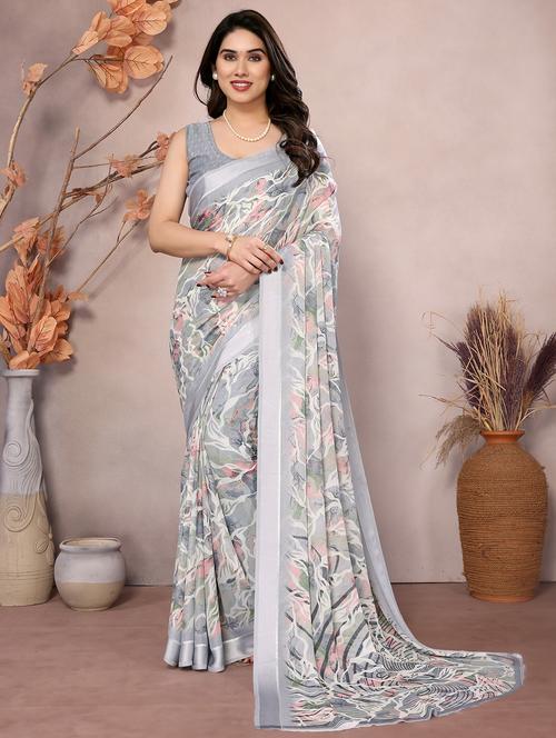 women grey printed saree with blouse - 21653376 -  Standard Image - 0