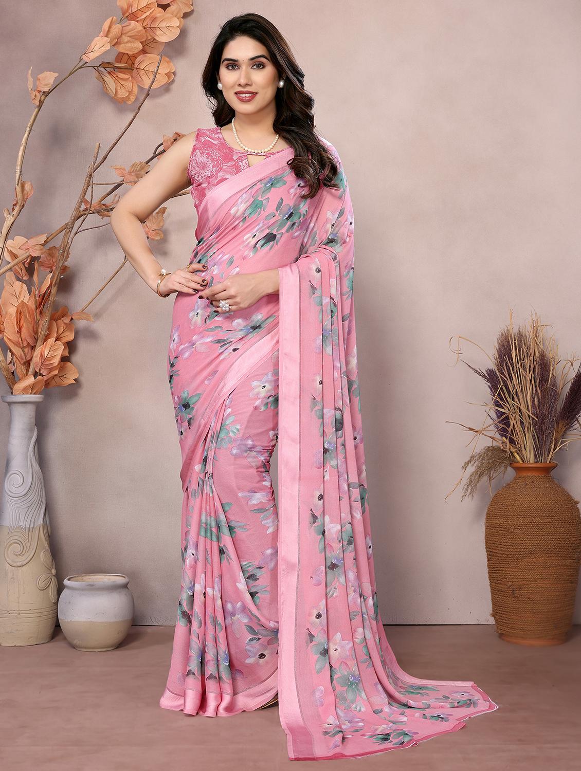 women pink floral printed saree with blouse - 21653378 -  Zoom Image - 0