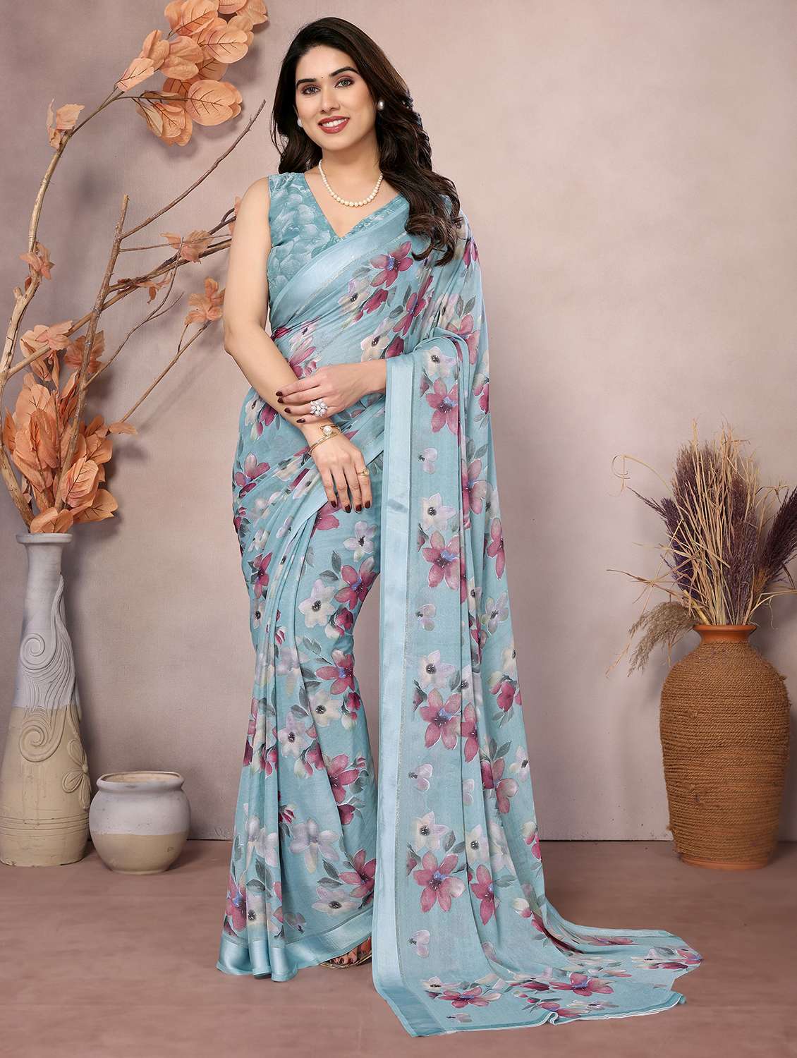 women light blue floral printed saree with blouse