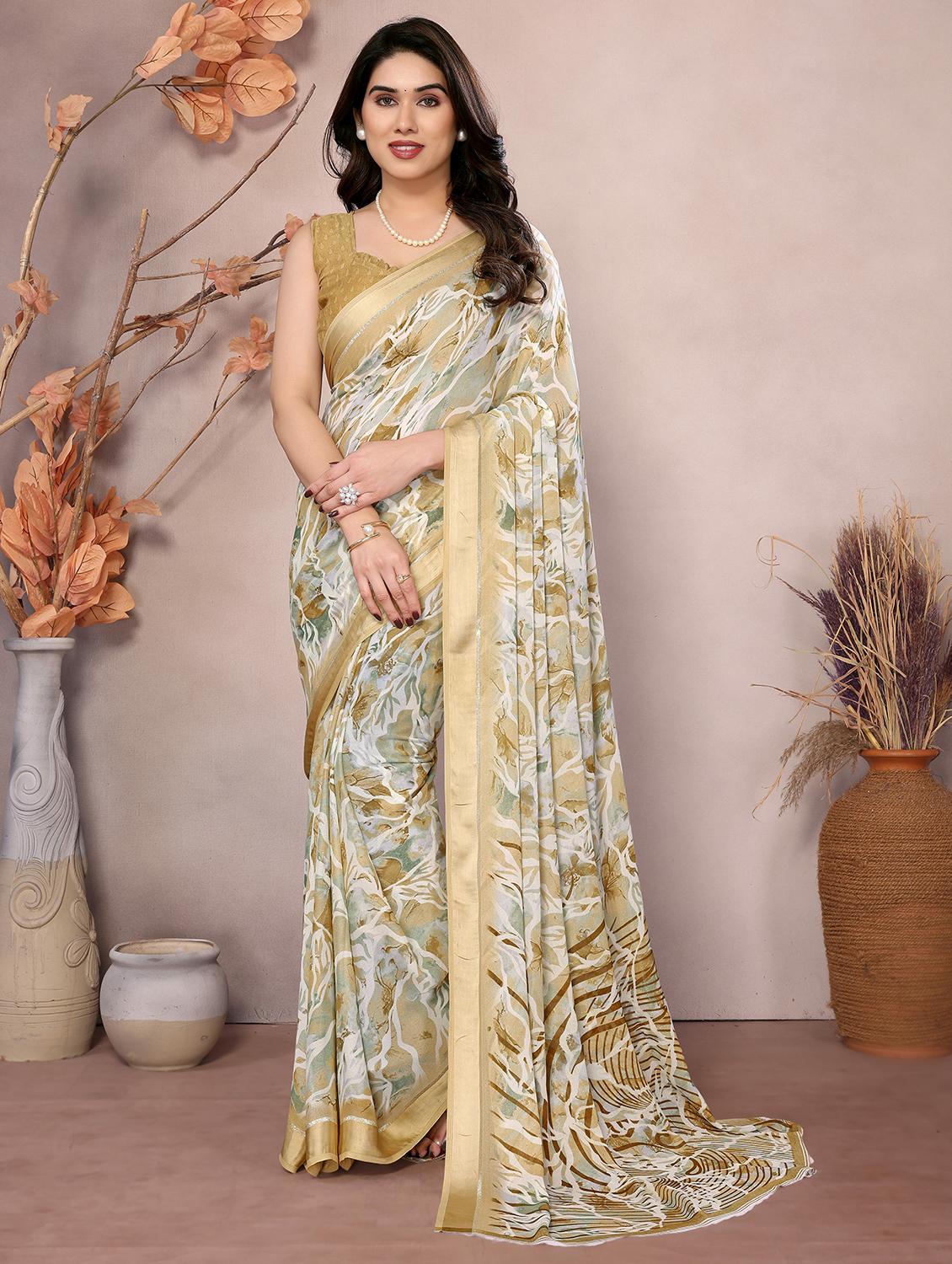 women beige printed saree with blouse - 21653380 - Zoom Image - 0