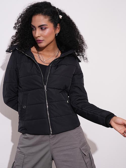 globus women black mock neck front zip winter wear insulator puffer jacket with detachable hood - 21659442 - Standard Image - 0