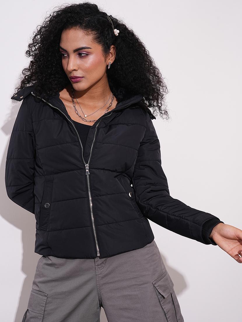 globus women black mock neck front zip winter wear insulator puffer jacket with detachable hood - 21659442 - Zoom Image - 0