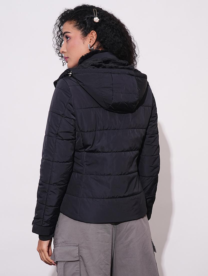 globus women black mock neck front zip winter wear insulator puffer jacket with detachable hood - 21659442 - Standard Image - 2