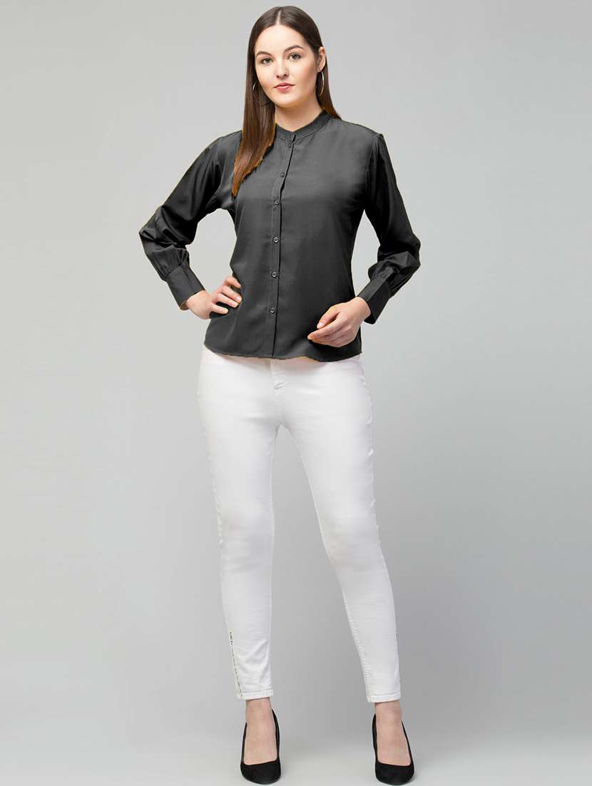 women mandarin neck solid regular shirt - 21659481 - Standard Image - 2