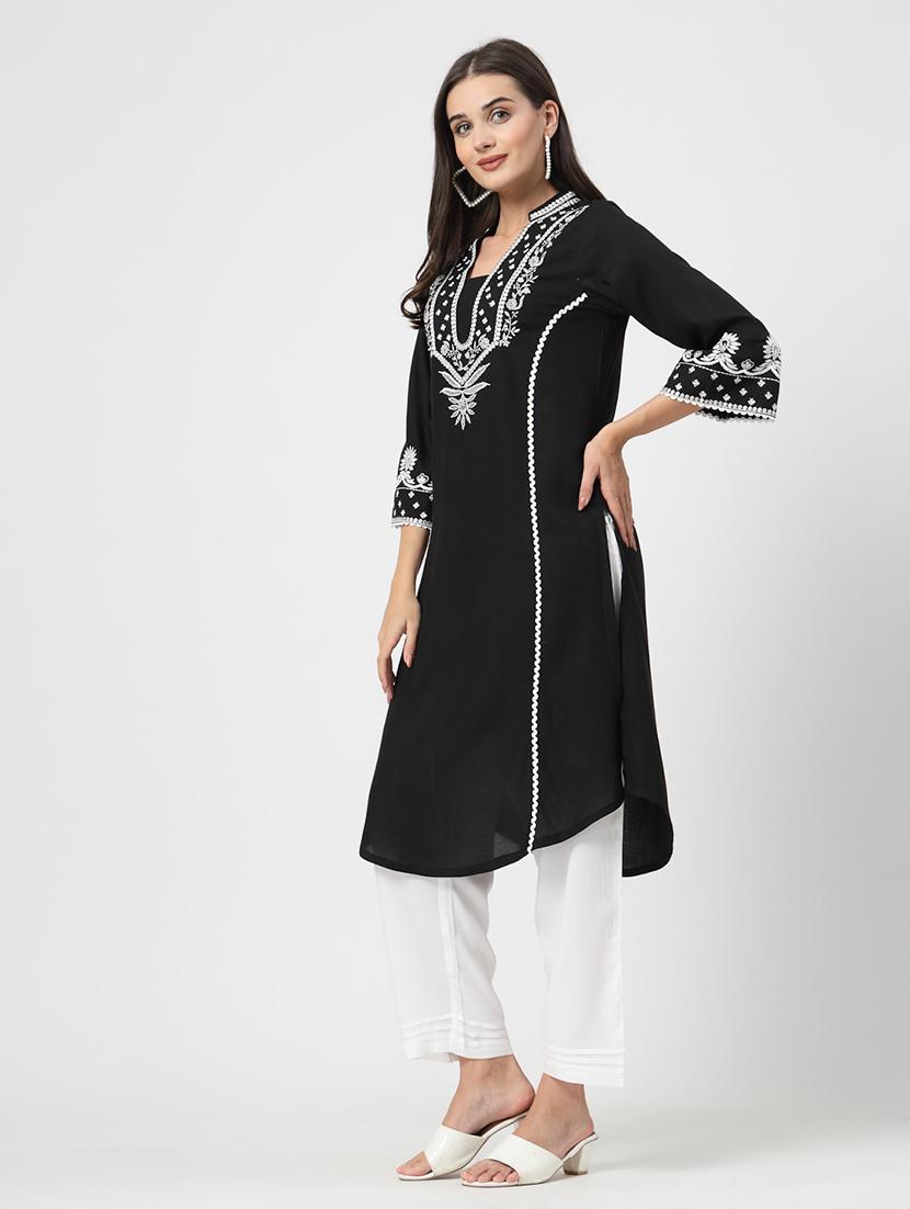 women balck embroidered kurta pant set - 21659851 - Standard Image - 2