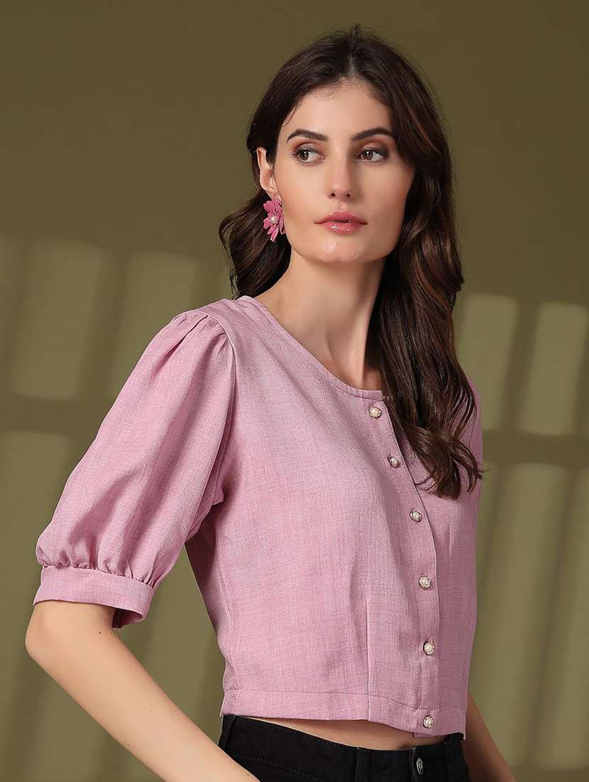 women solid round neck crop top - 21660478 -  Standard Image - 2
