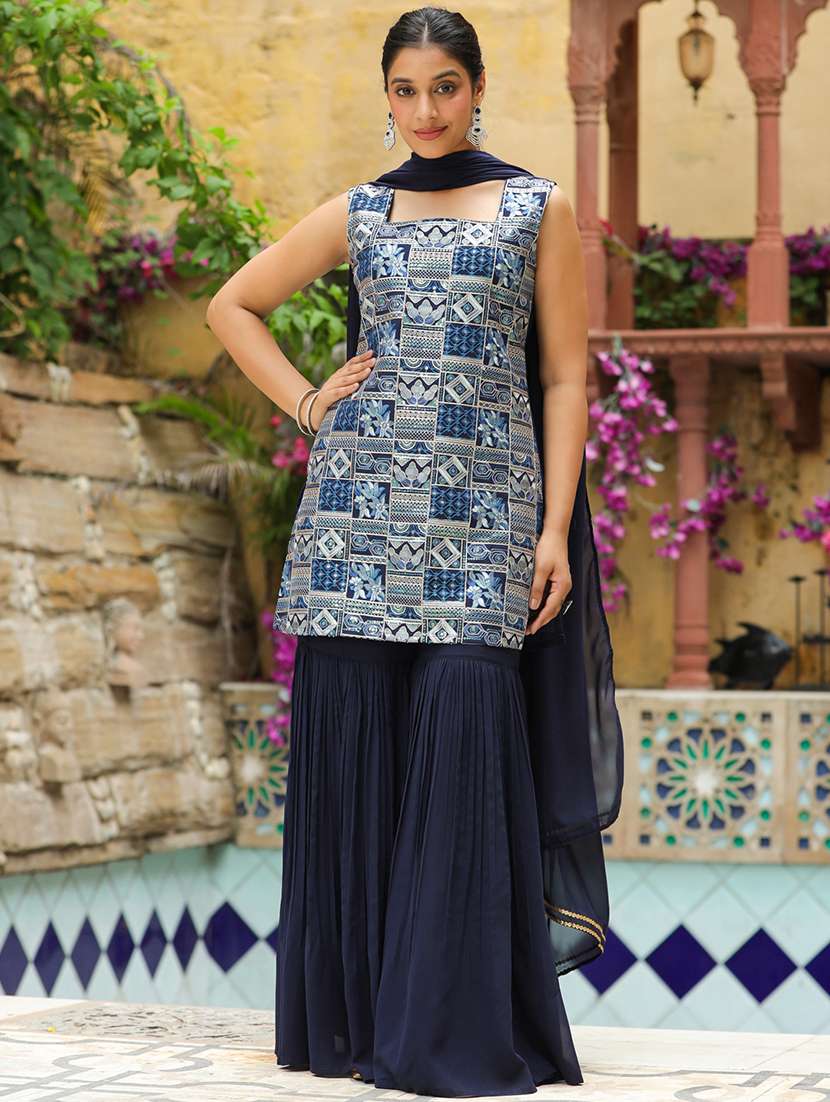 women navy blue sleeveless kurta sharara set