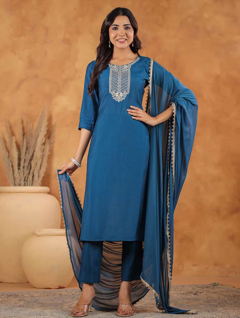 women three quarter sleeve kurta pant with dupatta set