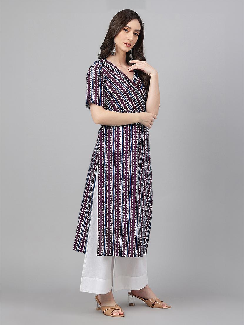 women purple geometric printed straight kurta - 21660496 - Standard Image - 2